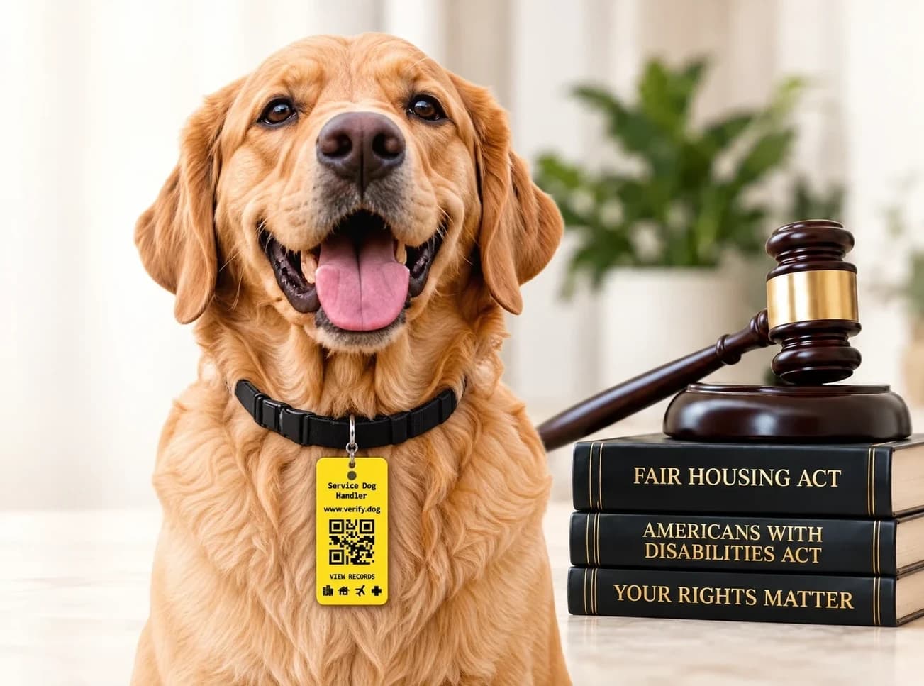 Golden retriever with Verify.Dog Service Dog Handler tag beside Fair Housing Act books and a gavel