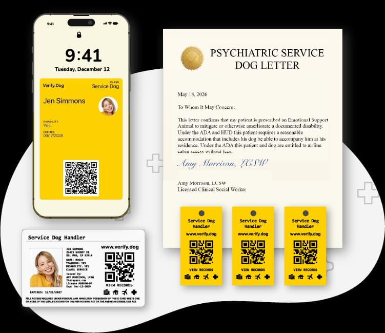 PSD Plus: Verify.Dog digital passport, PSD letter, handler ID card, and Scan & Go tags