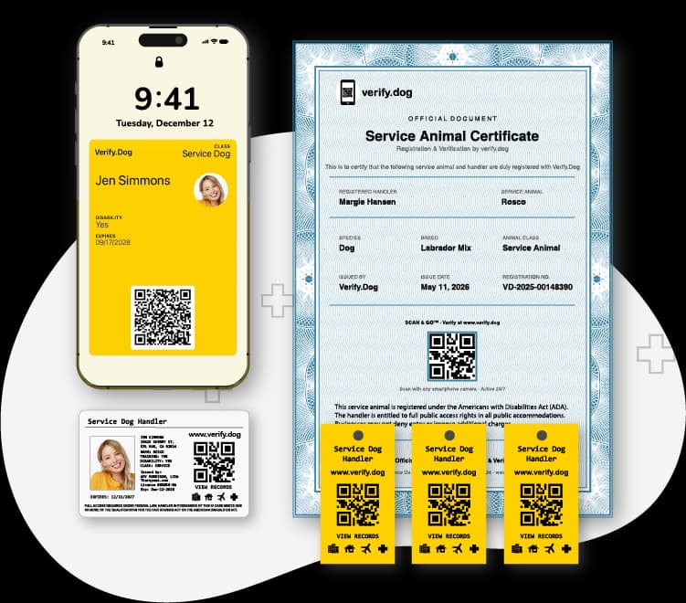 Service Dog registration package with ID card, certificate, and Scan & Go tags