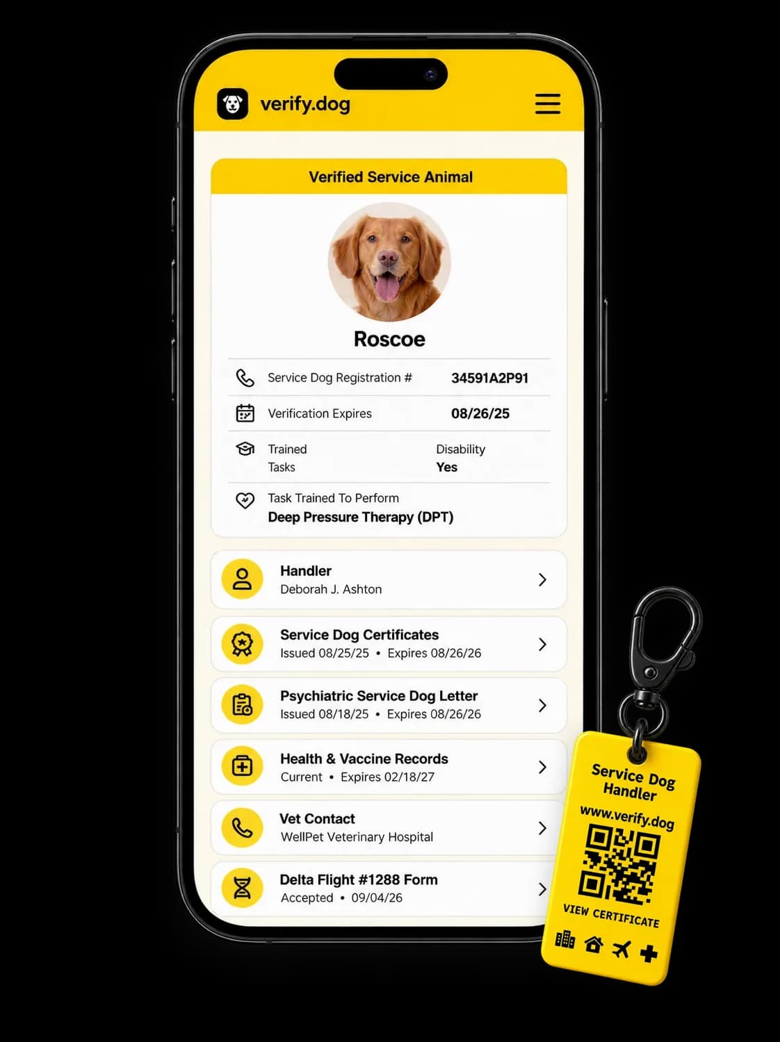 Verify.Dog Scan and Go profile on a smartphone with yellow QR tag